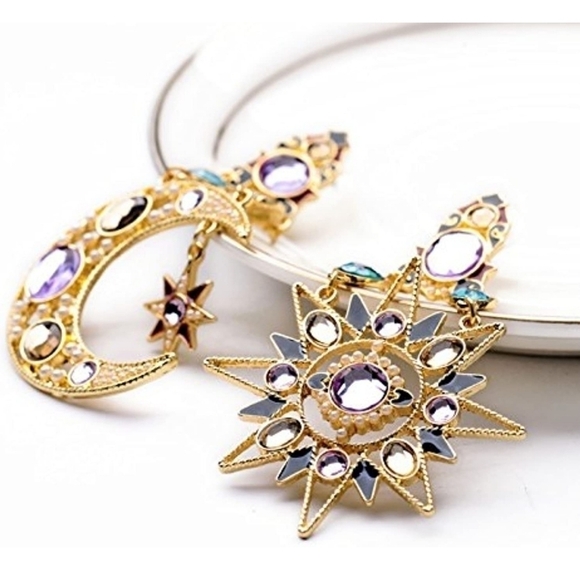 Sun Moon Stars Drop Earrings Gem Crystal Rhinestone Gold Boho Vintage Statement - Picture 4 of 5
